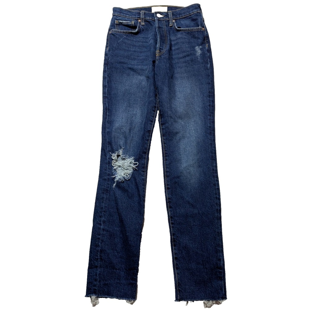 WE THE FREE PEOPLE Women 27 Distressed Button-Fly Stretch Denim Blue Ankle Jeans